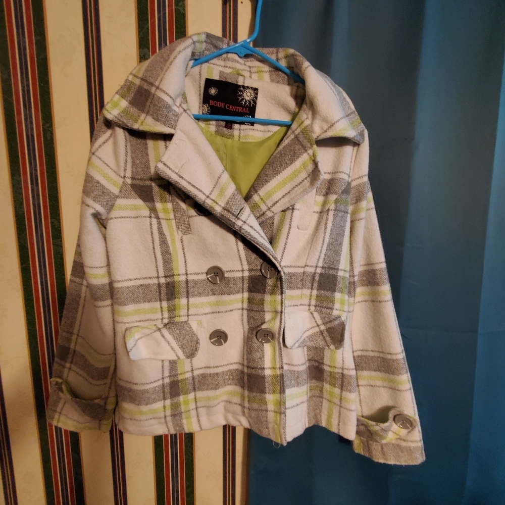 Green/White/Gray plaid pea coat Lg